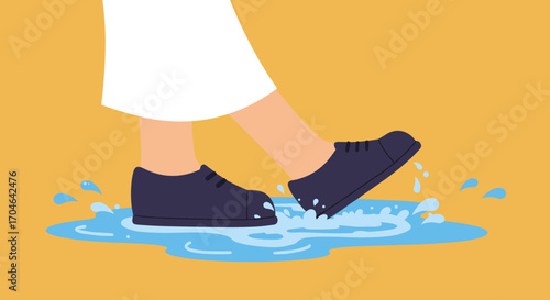 Flat Illustration Of Person's Legs In White Dress And Dark Shoes Stepping Into A Blue Puddle With Yellow Background