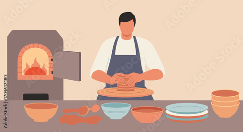 Artisan Shaping Clay On A Pottery Wheel With A Kiln Behind A Table Full Of Ceramic Bowls