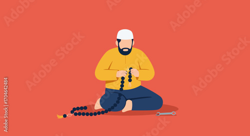 Flat Pixelated Illustration Of Muslim Man Kneeling In Prayer With Beads On Red Background