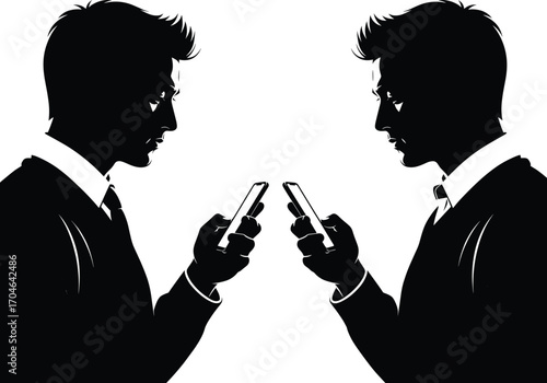 Silhouette of Two Men Using Smartphones Facing Each Other, Mobile Communication, Technology Addiction, Digital Lifestyle Vector Illustration for Business Concept