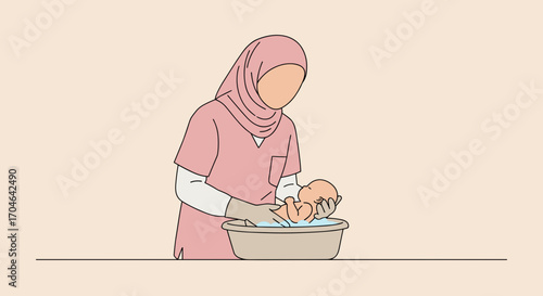 Flat Illustration of a Woman Washing a Baby in a Pink Outfit in a Pastel Background