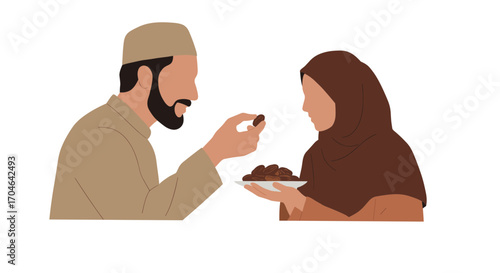 Flat Illustration of Muslim Couple Sharing Dates on White Background in Brown Outfits