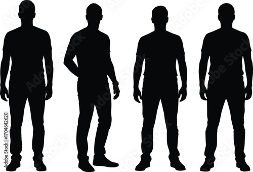 Silhouettes of Four Standing Men in Casual Clothing, Full Body Male Vector Illustration for Design, Modeling, Profile or Pose Reference