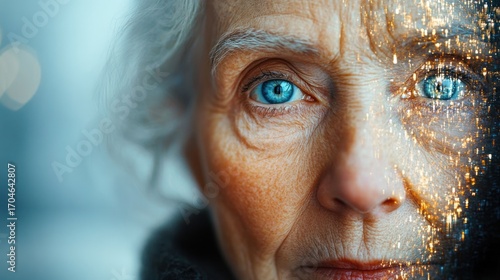 Close-up portrait of an elderly person with striking blue eyes and deep wrinkles, partially overlaid with glowing city lights reflecting a sense of contemplative introspection