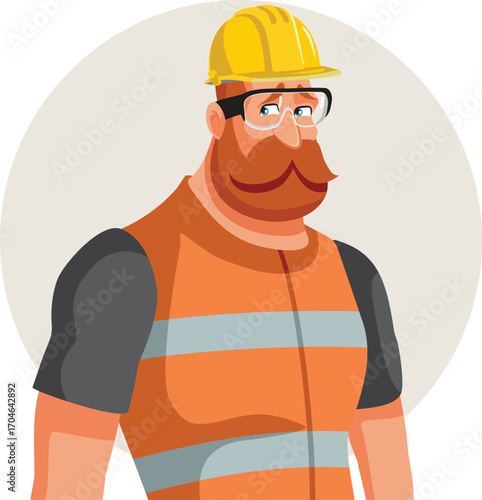 Strong Construction Worker Wearing Hard Hat and Glasses Vector Cartoon. Man working in the construction industry with protective work gear on building site
