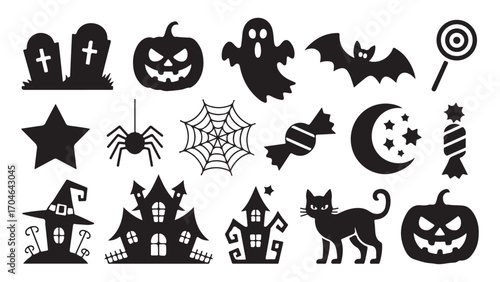 Spooky halloween night scene with pumpkins and bats
