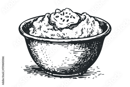 Hand Drawn Mashed Potatoes in a Bowl, Image. Vector hand drawn illustration