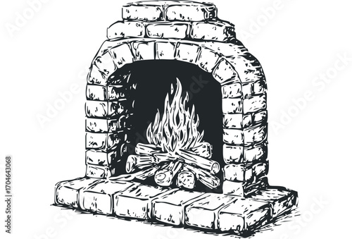 Stone fireplace with burning logs on transparent background. Vector hand drawn illustration