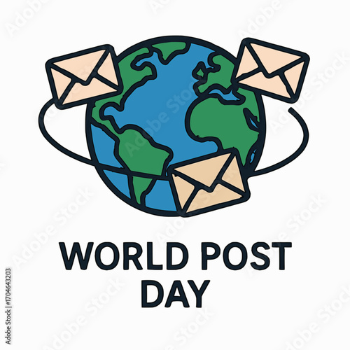 A modern vector graphic of a globe with envelopes circling around it for World Post Day, using solid colors and a white background