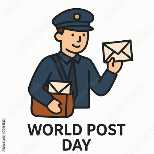 A clean vector illustration of a postman delivering a letter on World Post Day, with solid colors and a white background