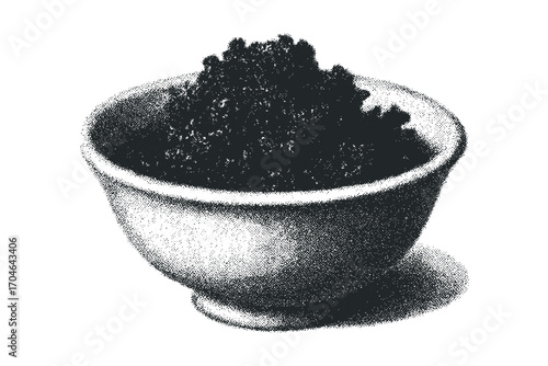 Bowl of dark caviar in halftone stipple texture, isolated. Vector hand drawn illustration