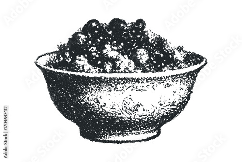 Textured bowl filled with dark berries. Vector hand drawn illustration