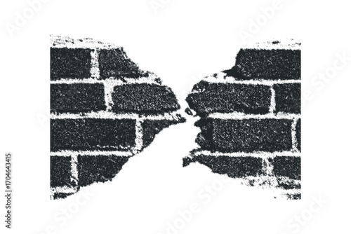 Torn Black Brick Wall Texture with White Grout on Transparent Background. Vector hand drawn illustration