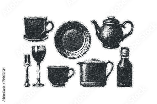 Collection of antique kitchenware and drinkware objects. Vector hand drawn illustration