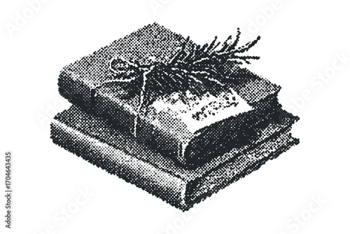 Stack of old books tied with string and decorated with dried sprigs. Vector hand drawn illustration
