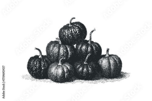 Pile of pumpkins rendered in stippling dot technique on transparent background. Vector hand drawn illustration
