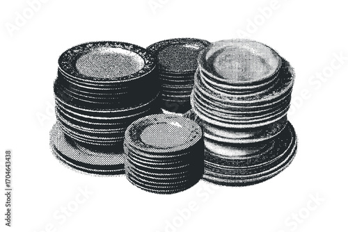 Stacks of antique decorative plates on white. Vector hand drawn illustration