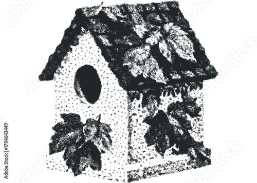 Distressed Textured Birdhouse with Leaf Motifs. Vector hand drawn illustration