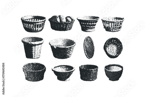 Collection of Woven Baskets Image on Transparent Background. Vector hand drawn illustration