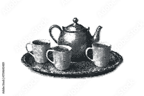 Halftone style antique teapot and three cups on ornate tray. Vector hand drawn illustration