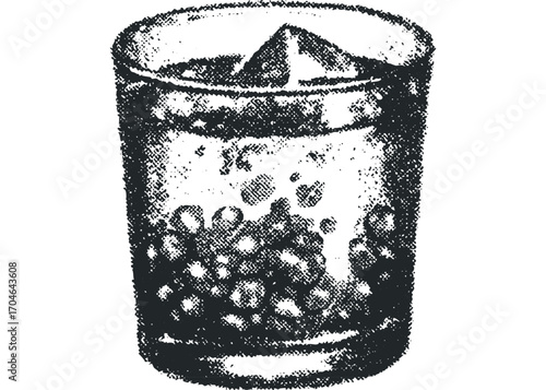 Textured Glass with Ice Cubes and Liquid. Vector hand drawn illustration