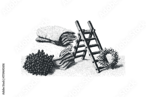 Small wooden ladder leaning against stack of textiles with peppercorns and wreath. Vector hand drawn illustration