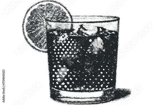 Textured glass with dark beverage and ice, garnished with orange slice. Vector hand drawn illustration