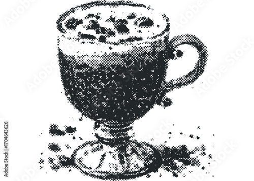 Halftone coffee cup filled with frothy beverage on transparent background. Vector hand drawn illustration