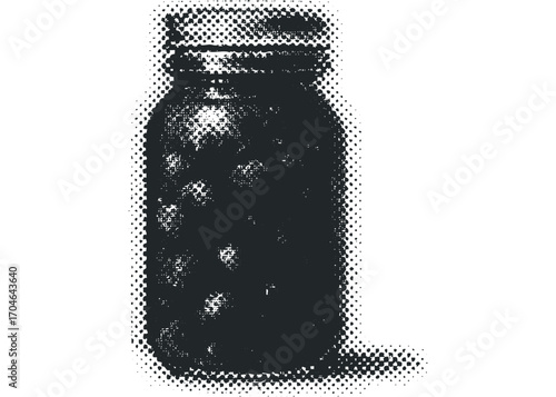 Preserve food in glass jar with halftone effect on transparent background. Vector hand drawn illustration