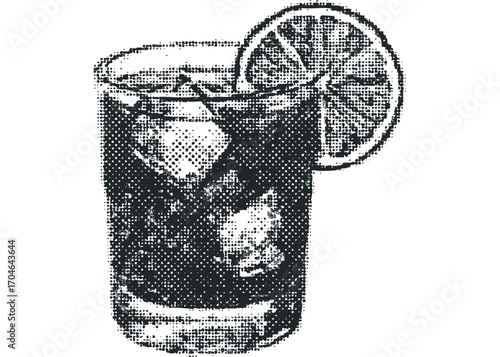 Halftone effect glass with ice and citrus slice. Vector hand drawn illustration