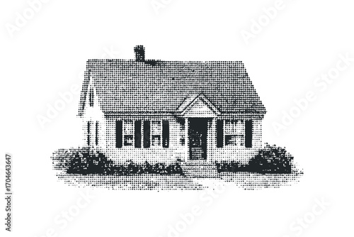 Halftone dot style drawing of a classic American house with shutters and bushes. Vector hand drawn illustration