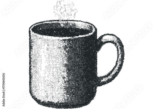 Steaming coffee mug with abstract textured dots,. Vector hand drawn illustration