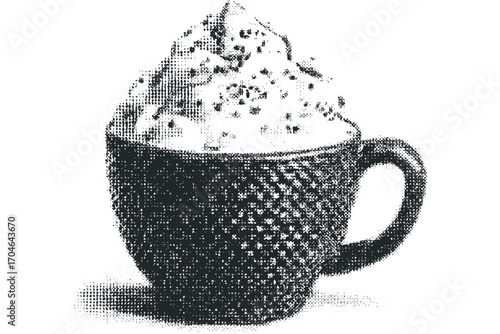 Creamy beverage in a textured mug with toppings,. Vector hand drawn illustration