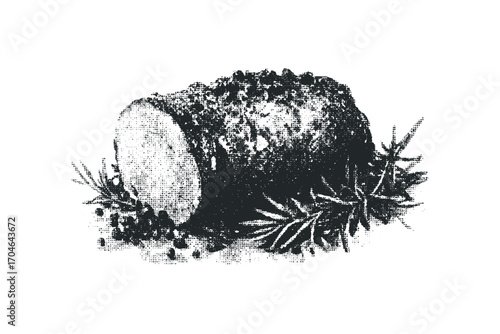 Log of meat with peppercorns and rosemary. Vector hand drawn illustration