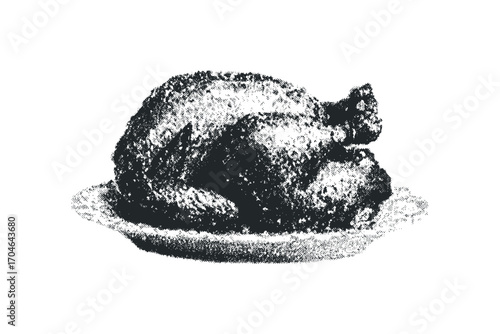 Whole roasted chicken on a plate. Vector hand drawn illustration