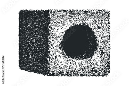 Halftone texture block with circular void on transparent background. Vector hand drawn illustration