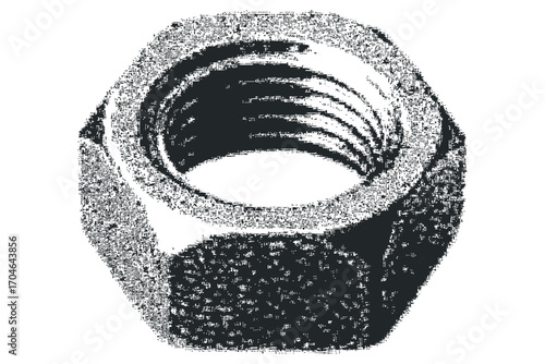 Hexagonal threaded nut isolated on transparent background. Vector hand drawn illustration