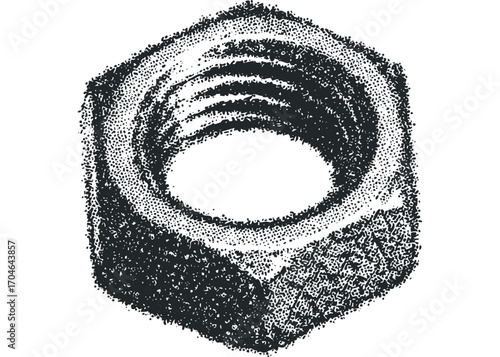 Hexagonal metal nut with internal threads, dot work texture, isolated. Vector hand drawn illustration