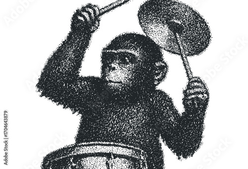 Chimpanzee playing drums and cymbal, monochrome stippling graphic. Vector hand drawn illustration
