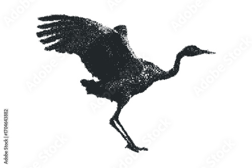 Grayscale distressed silhouette of a bird in mid-flight. Vector hand drawn illustration