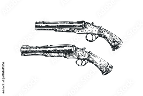Double Barrel Shotgun Engraved Image. Vector hand drawn illustration