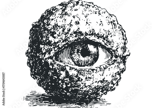 Vintage Style Textured Sphere with Human Eye. Vector hand drawn illustration