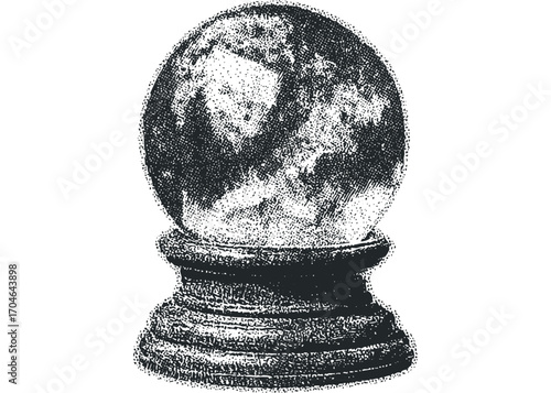 Crystal ball on pedestal with textured sphere on transparent background. Vector hand drawn illustration