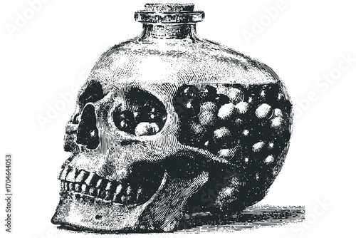 Intricate Engraving Of A Skull Shaped Bottle Filled With Bubbles. Vector hand drawn illustration