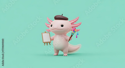 Adorable 3D cartoon axolotl artist with paintbrush and easel against a teal background