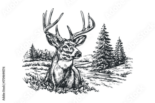 Majestic stag with antlers in a forest clearing sketch. Vector hand drawn illustration