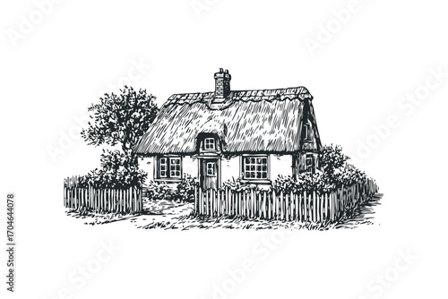 Sketch of a Thatched Cottage with Wooden Fence and Tree on White. Vector hand drawn illustration