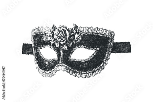 Decorative Masquerade Mask with Rose and Lace Detail. Vector hand drawn illustration