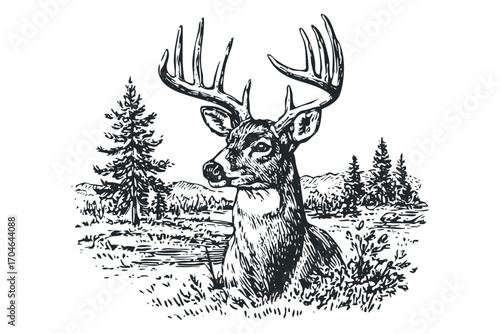 Whitetail Deer Buck Portrait in Forest Meadow Transparent. Vector hand drawn illustration