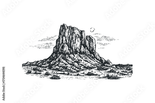 Rugged rock formation with sparse desert vegetation and a circular sun. Vector hand drawn illustration